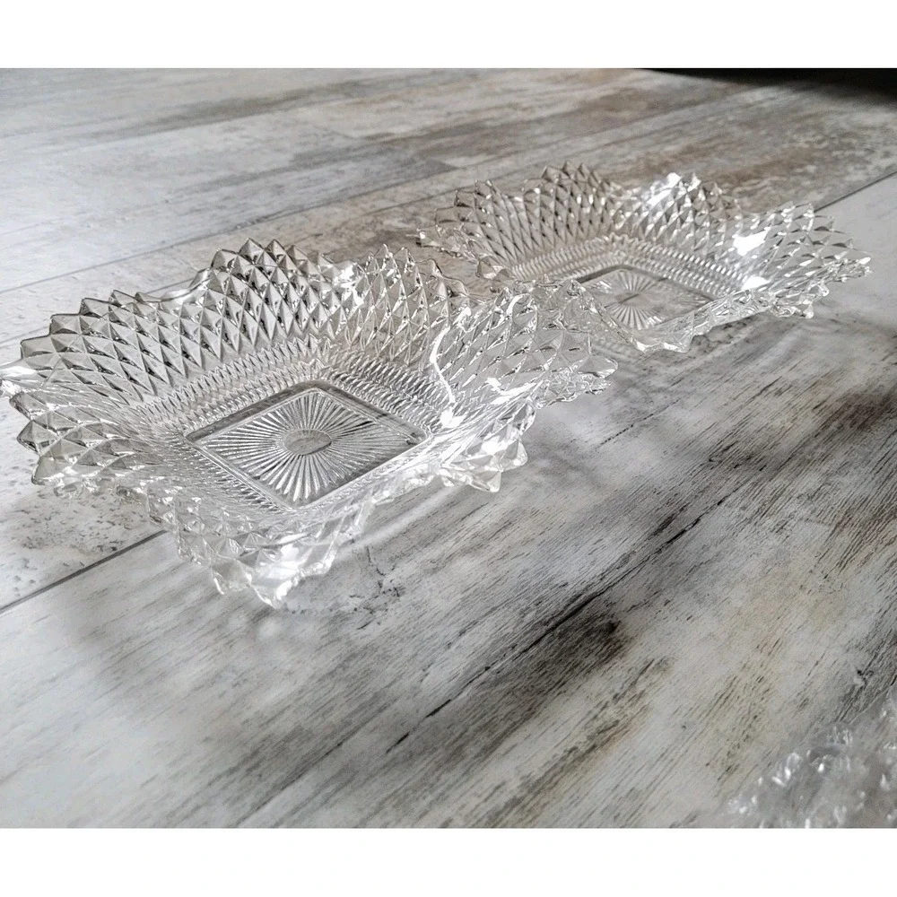 Pair of Vintage Indiana Glass Diamond Point‎ Square Bowls – Clear Pressed Glass